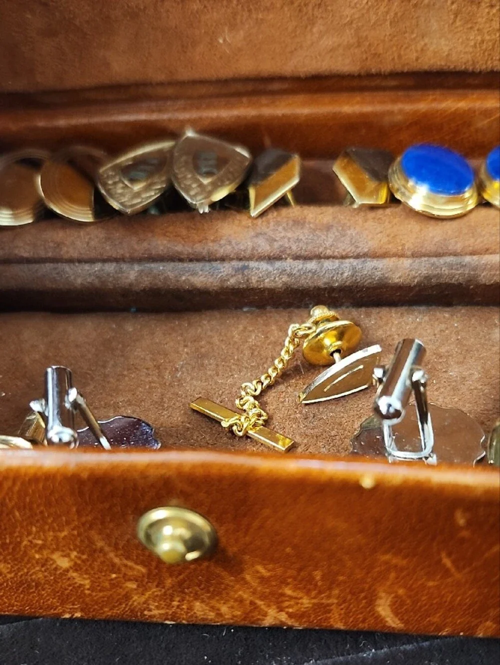 Men's Gold-Tone Cufflinks Set with Blue and Brown Accents